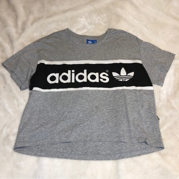 Adidas Grey Striped Cropped T-shirt Size Medium - Picture 1 of 7